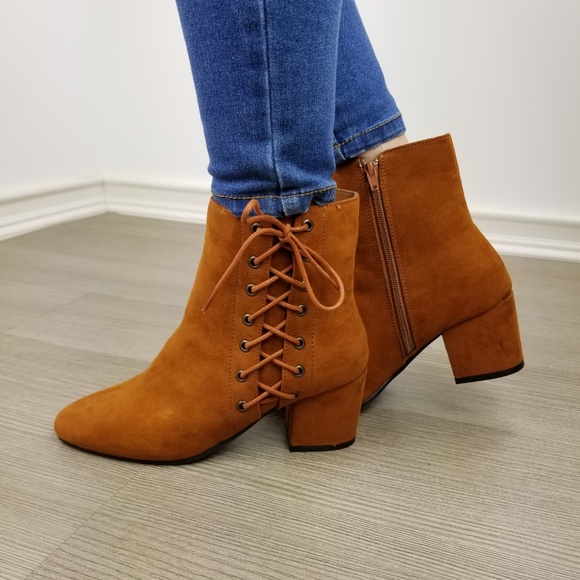 Brown Faux Suede Ankle Booties Side Laced Up - Picture 4 of 8